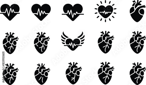 a collection of diverse black heart icons depicting anatomical structures electrocardiograms and symbolic representations of love and health high quality professional detailed modern elegant stylish