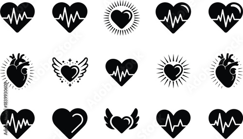 a collection of diverse heart designs featuring anatomical hearts radiant hearts and heartbeat lines depicted in a simple black and white style high quality professional