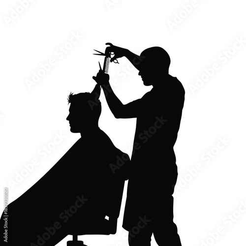 Barber or Hairdresser Silhouette Cutting a Man's Hair. Salon, Haircut, Professional Service, and Style Concept.