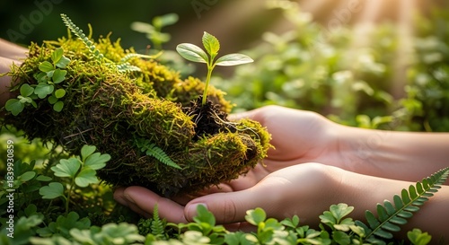 Hands holding a small green seedling with soil and moss in a sunlit garden. Concept of environmental protection, growth, and nature conservation. Caretaker planting a sprout in fertile ground 