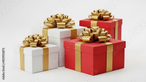Four festive gift boxes with gold ribbons and bows, red and white. isolated on white background, illustration