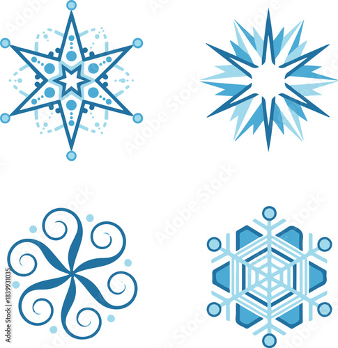 A set of four unique vector snowflake illustrations in various shades of blue, ranging from geometric and star-shaped patterns to swirling ornamental designs.