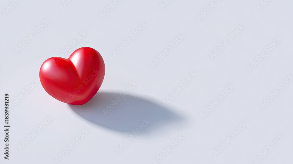 Fototapeta premium Shiny Red Heart Symbol on White Background with Soft Shadow for Love and Affection Themes in Art or Romance Concept