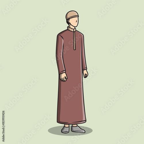 Illustration of a Muslim Man Wearing a Long Robe or Gamis