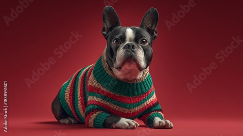 A stylish dog in a colorful sweater poses adorably against a vibrant backdrop, showcasing its charming personality.