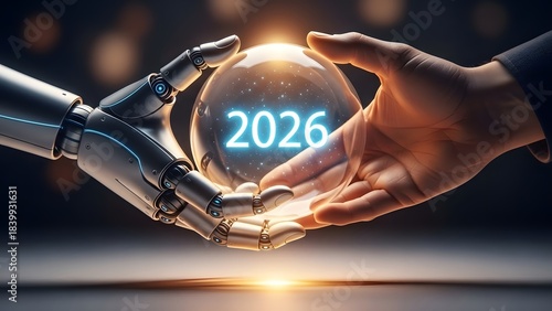 Human and robot hands holding a glowing crystal ball showing the year 2026