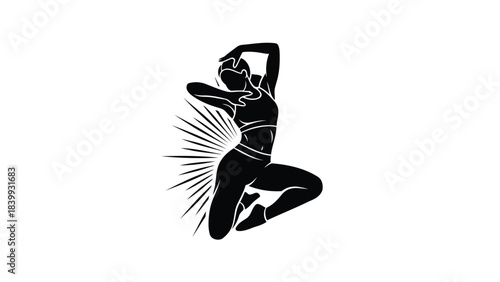 Dynamic Woman Silhouette Jumping or Dancing with Sunburst Effect. Fitness, Movement, Energy, and Active Lifestyle Graphic.