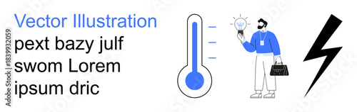 Energy management, business innovation, creativity, temperature control, power solutions, conceptual design. Thermometer, man holding lightbulb lightning symbol. Energy management and business