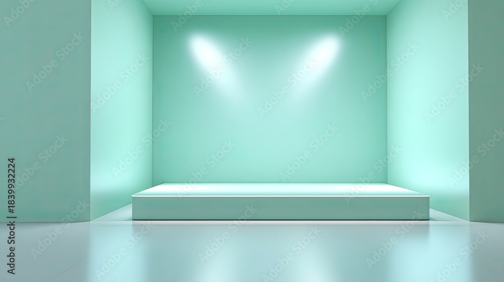 Fototapeta premium Minimalist Interior Space with Soft Mint Green Wall and Simple Display Platform Illuminated by Bright LED Lights