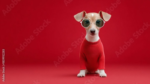 A fashionable dog wearing sunglasses and a red outfit poses confidently against a vibrant red background.
