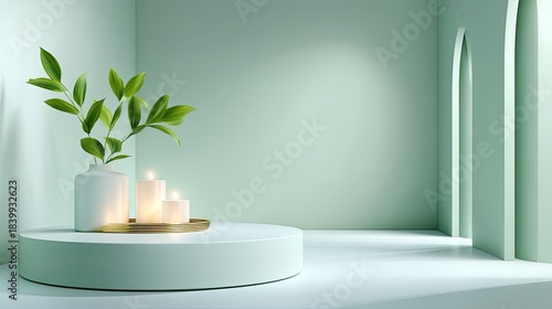 Wallpaper Mural Modern Minimalist Interior with Green Walls, Round Table, Elegant Vase, Candles, and Soft Natural Light in a Serene Atmosphere Torontodigital.ca