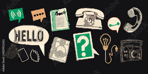 Retro communication devices and speech bubbles in a playful illustrated style