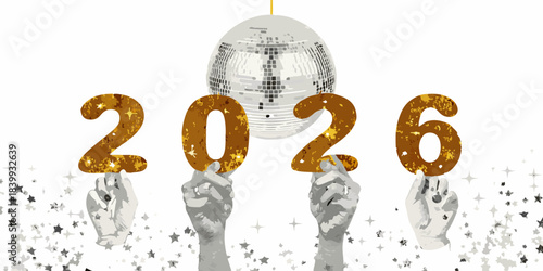 Hands holding golden numbers 2026 with a glittering disco ball above