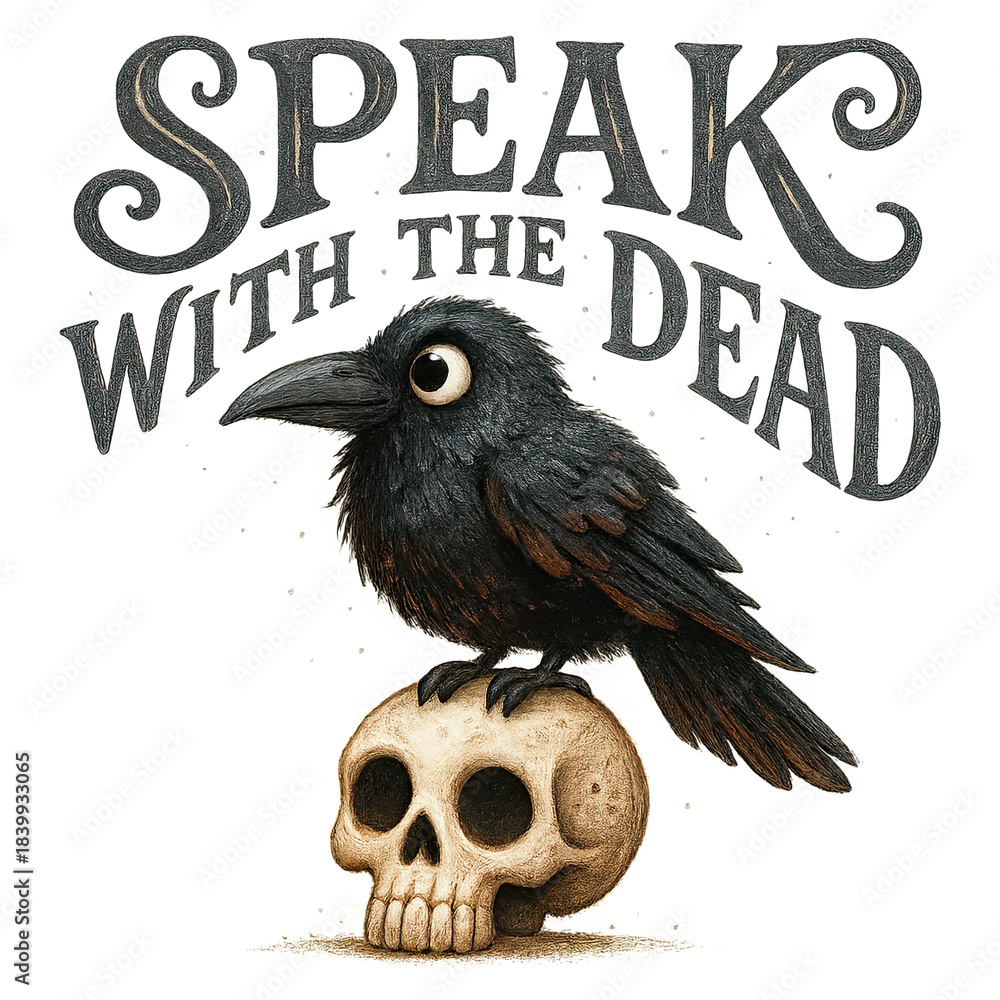 Obraz premium Black crow perched on a human skull beneath hand-lettered 