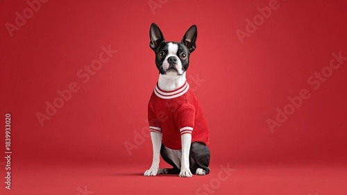 Playful Boston Terrier wearing a red shirt in Christmas against a vibrant red background, showcasing its adorable personality.