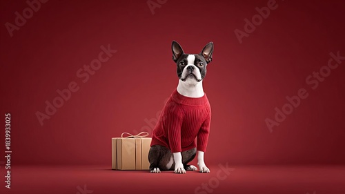 A stylish dog sits beside a gift box, wearing a warm red sweater against a vibrant background.