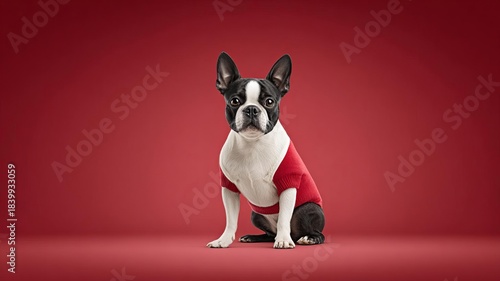 A cute Boston Terrier wearing a red shirt, posing confidently against a vibrant red background.