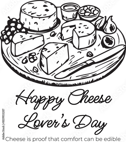 Happy Cheese Lover’s Day illustration with gourmet cheese platter, fruits, nuts, and poetic caption in monochrome style
