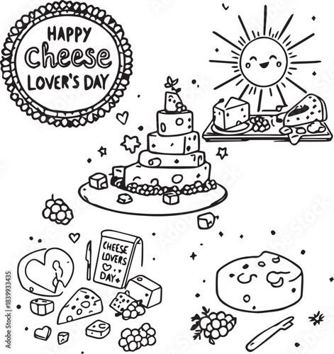 Cheese Lover’s Day illustration with cheese cake, mouse, grapes, sun, heart-shaped cheese, and themed book in monochrome