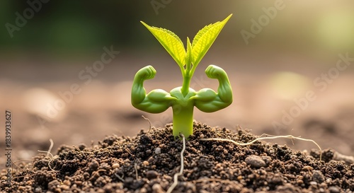 Strong healthy seedling plant with muscular arms. Power and potential of nature and growth concept. Small green sprout flexing biceps in fertile soil