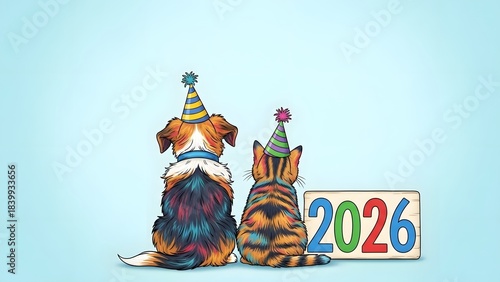 Dog and cat celebrating new year 2026 wearing party hats from behind