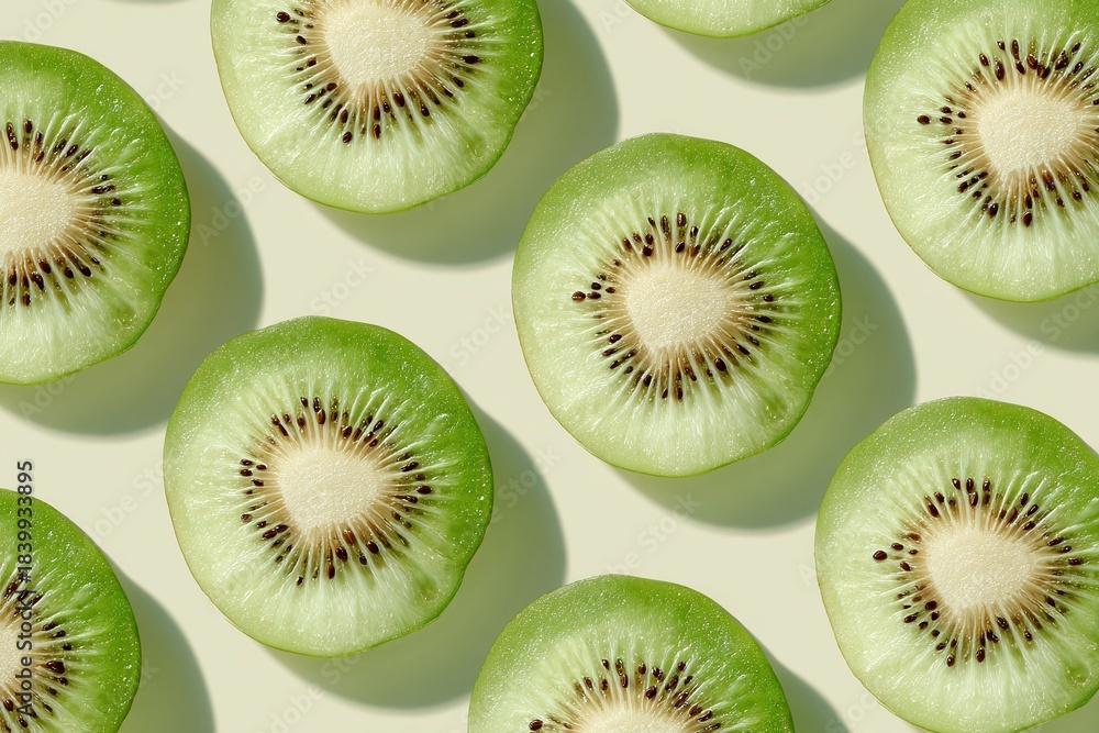 Fototapeta premium Bright green kiwi slices creating a clean repeating fruit pattern on a pale background