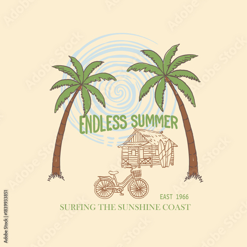 Hand drawn sunset tee print artwork. Out of Local slogan summer print design. Endless Summer Slogan. sunshine hand drawing sketch.  summer t shirt design.vintage dusty effect sun and waves.