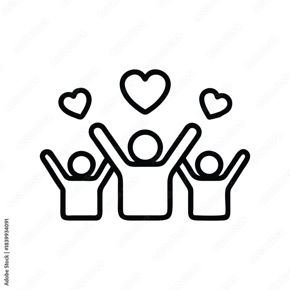 Obraz premium Happy Group with Hearts Icon – Love, Joy, Community, Celebration Line Art 