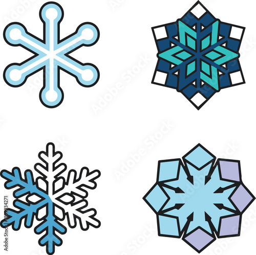 A collection of four stylized vector snowflake illustrations featuring diverse designs, ranging from simple rounded forms and classic branched crystals to intricate geometric patterns in shades of blu