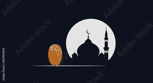 Ramadan moon and dates with mosque silhouette, Ramadan Kareem concept, Islamic celebration