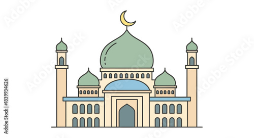 Elegant Islamic mosque illustration featuring a green dome and crescent moon, symbolizing a place of worship and spiritual devotion for religious concepts