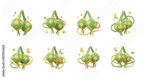 Collection of Vibrant 3D Ketupat Icons for Eid al-Fitr Celebrations. Traditional Malay and Indonesian Rice Cakes Symbolizing Festive Joy and Unity