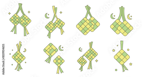 Set of festive diamond-shaped rice cakes, traditional Ramadan and Eid decorations with moon and stars