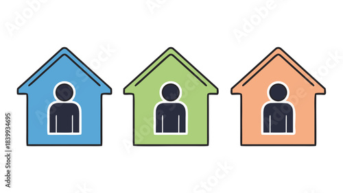 Three Colorful Houses Representing Home Ownership With Human Icons Inside on a Black Background Minimalist Graphic Design