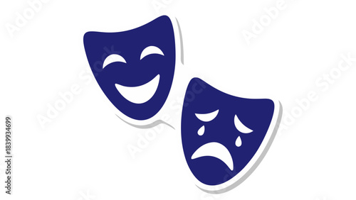 Theatrical Masks Representing Comedy and Tragedy in Dark Blue and White with Black Background