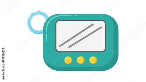 Teal Digital Pet Toy with Screen and Three Yellow Buttons and a Ring Attachment on Black Background