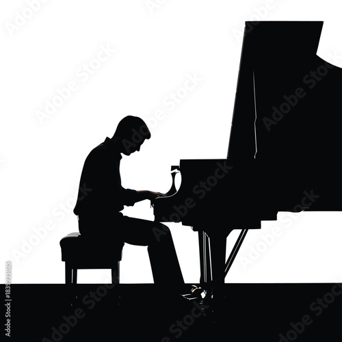 Silhouette of a Man Playing Grand Piano. Classical Music, Performance, Concert, and Artistic Concentration Concept.