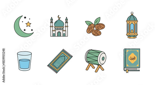 Vibrant collection of flat line icons illustrating essential Islamic culture and Ramadan symbols, perfect for spiritual observances and festive celebrations