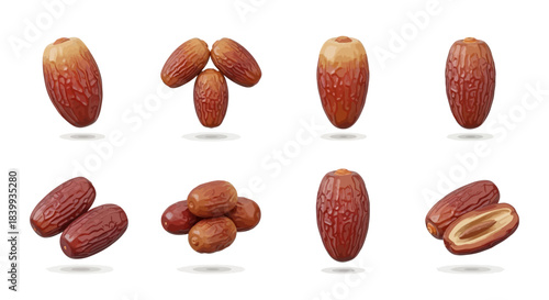 Close-up shots of fresh ripe dates, showcasing their rich texture and deep brown color, presented in an organized grid