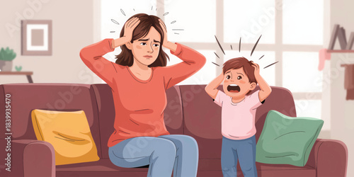 Stressed Mother and Crying Child Illustration  Parenting Stress and Family Emotion Vector.