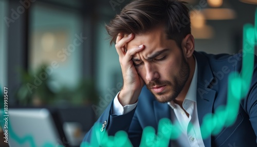 Stressed businessman analyzing financial data