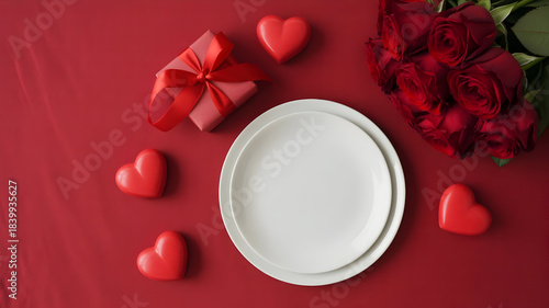 Romantic valentine s day flat lay with red hearts gift and empty plate