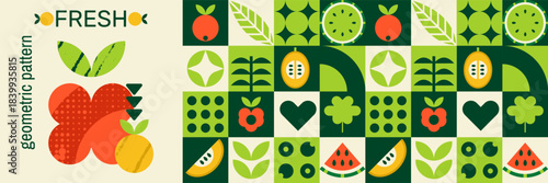 Pattern fruit of abstract apple raspberry and melon watermelon with geometric mosaic.