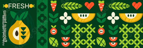 Mosaic of melon carrot and apple for a geometric fruit pattern.