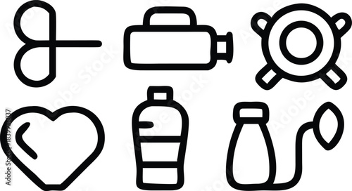 Collection of black line art wellness objects is isolated on a white transparent background