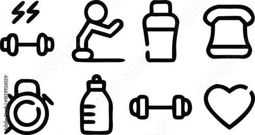 Dumbbells, person doing exercise, protein shaker, towel, kettlebell, water bottle, heart are neatly organized on white