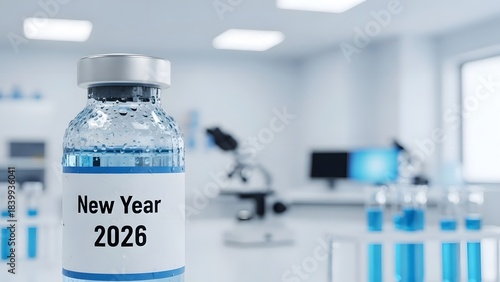 New year 2026 vaccine vial in laboratory setting for future healthcare
