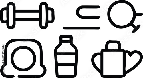 Fitness dumbbell, nutrition supplement, and lifestyle icons present simple, clean line work on transparent backdrop