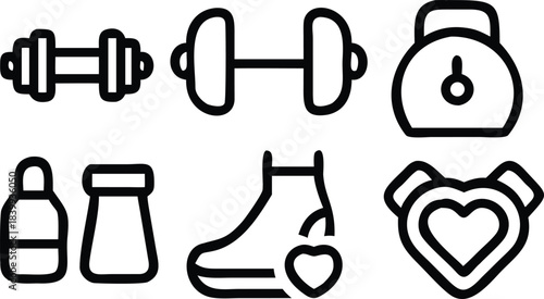 Fitness icons show weights, bottles, shoe with heart, and heart medal presented on white