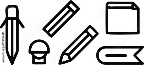 Outlined drawing shows pencils, sharpener, eraser and paper isolated on white with transparent background